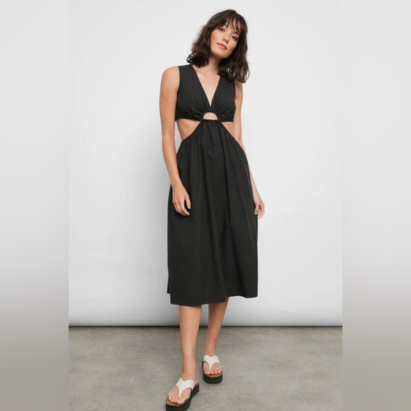 RAILS Rizo Midi Dress Size S Black Cutout Poplin Sustainable Minimalist Neutral - Picture 1 of 16